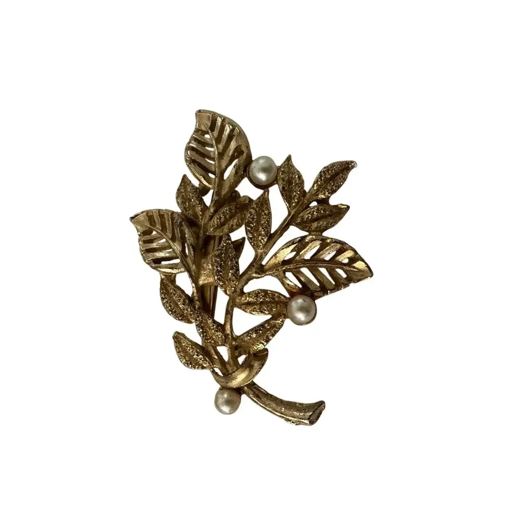 Vintage 60s Gold Tone Leaf Brooch with Faux Pearls Classic Mid Century Pin